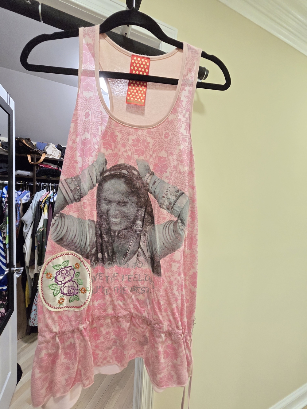Pink Graphic Sleeveless Tunic with Floral Patch